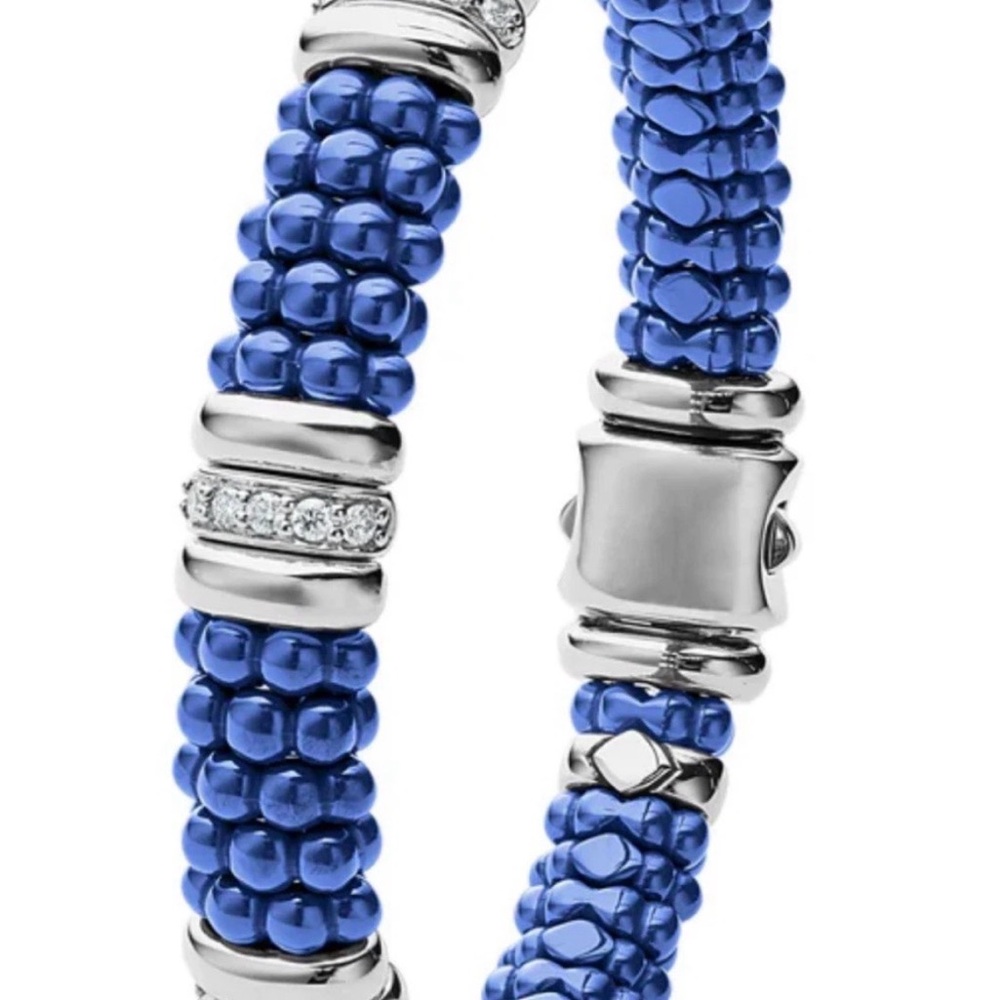 Lagos Silver 3 Station Ceramic Caviar Bracelet marine Diamond 9mm New 7.5”